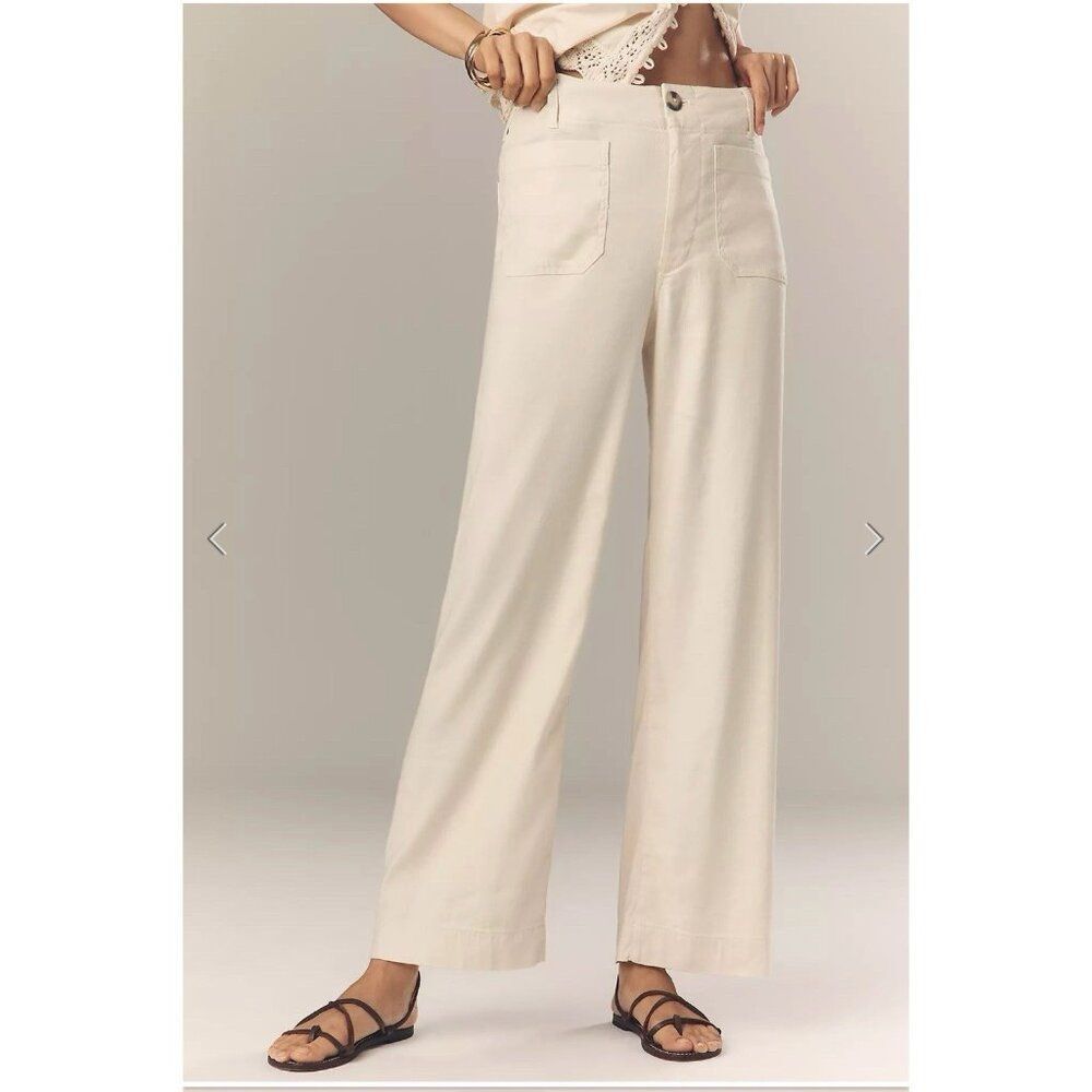 Anthropologie Colette Linen Full Length Wide Leg Pants Maeve Chalk White Size 30